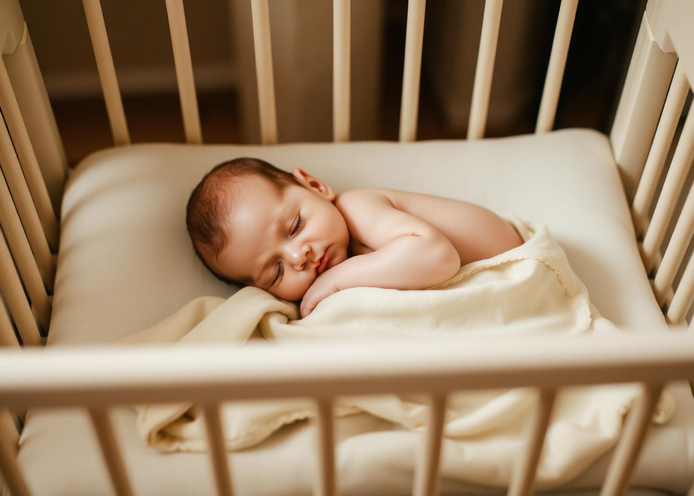 Schlafendes Baby in einem cremefarbenen Beistellbett